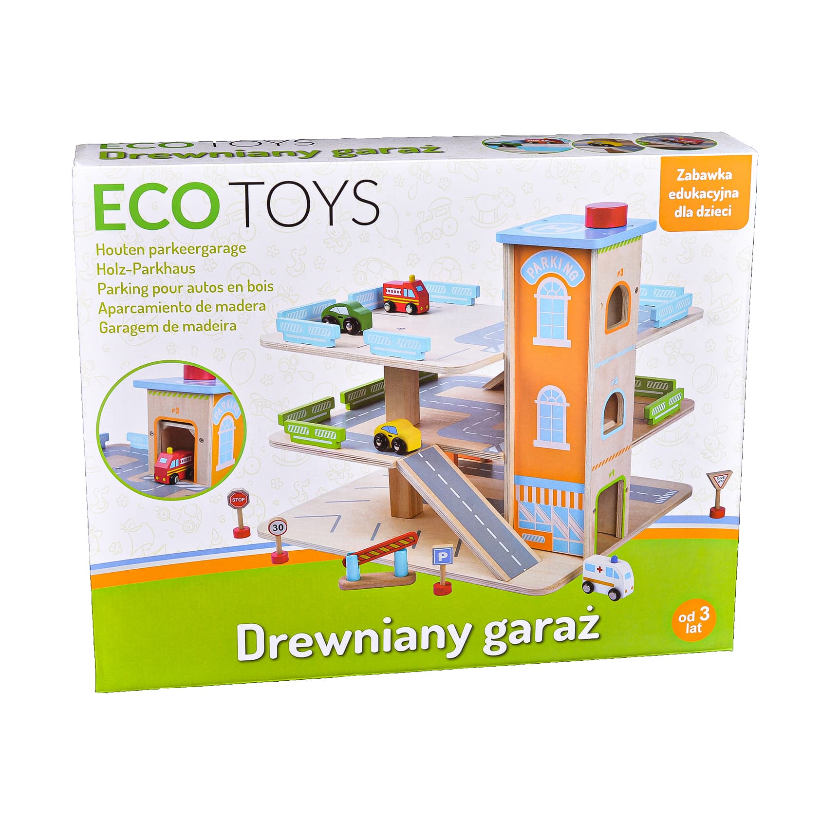 Drewniany garaż tor z windą + autka parking samochodowy