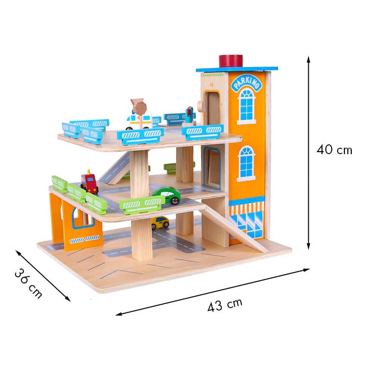 Drewniany garaż tor z windą + autka parking samochodowy