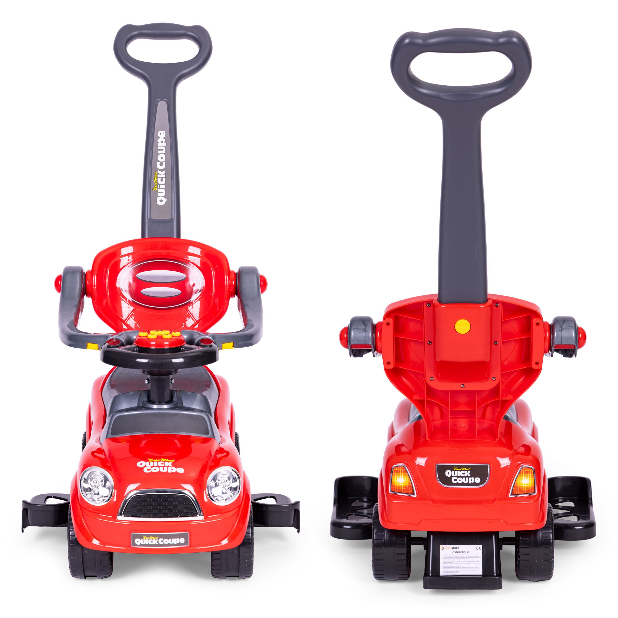 Jeździk autko chodzik pchacz skrętne koła rączka dźwięki - czerwone