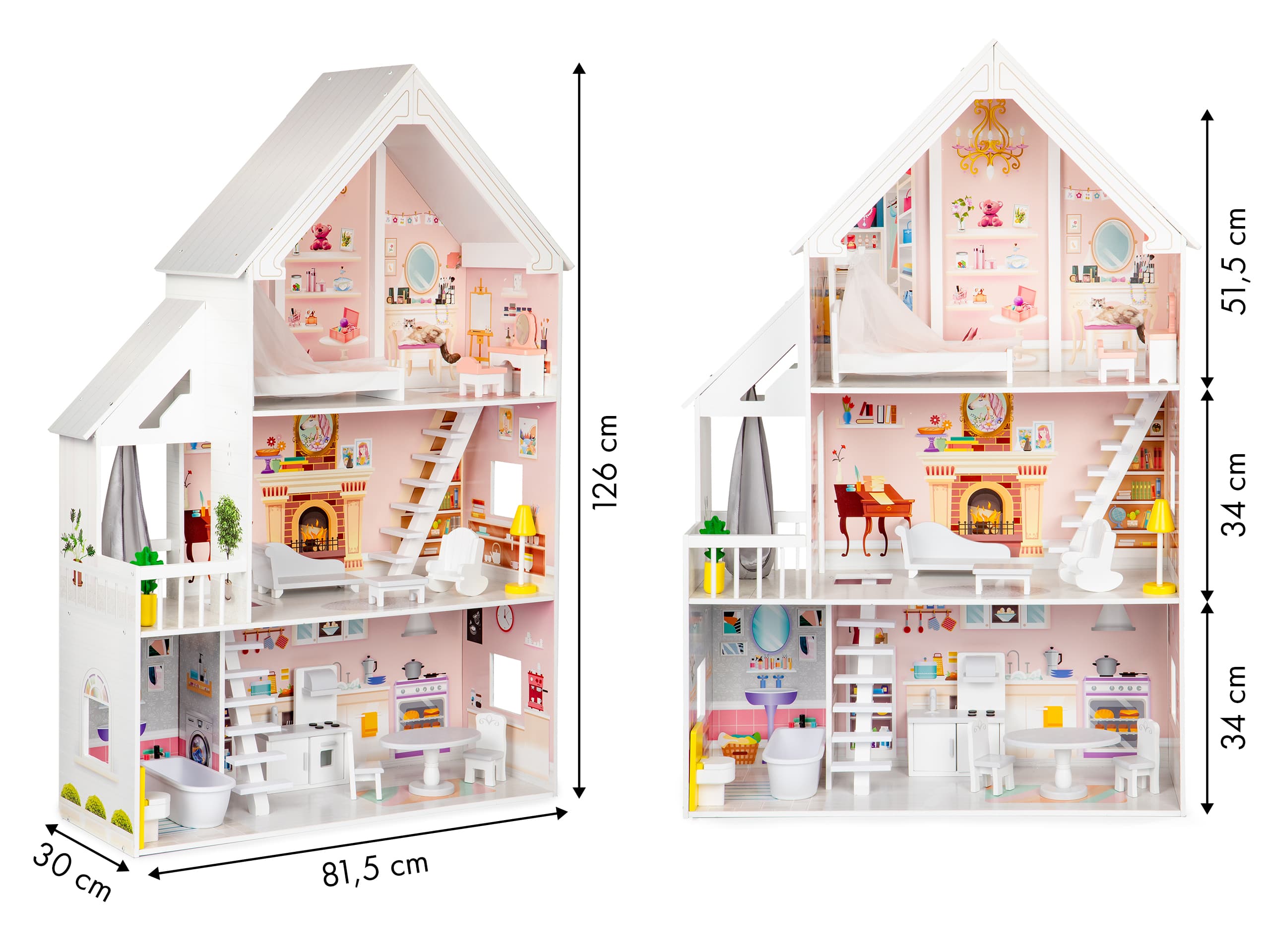 Domek dla lalek drewniany 3 piętra XXL Rezydencja Pudrowa ECOTOYS