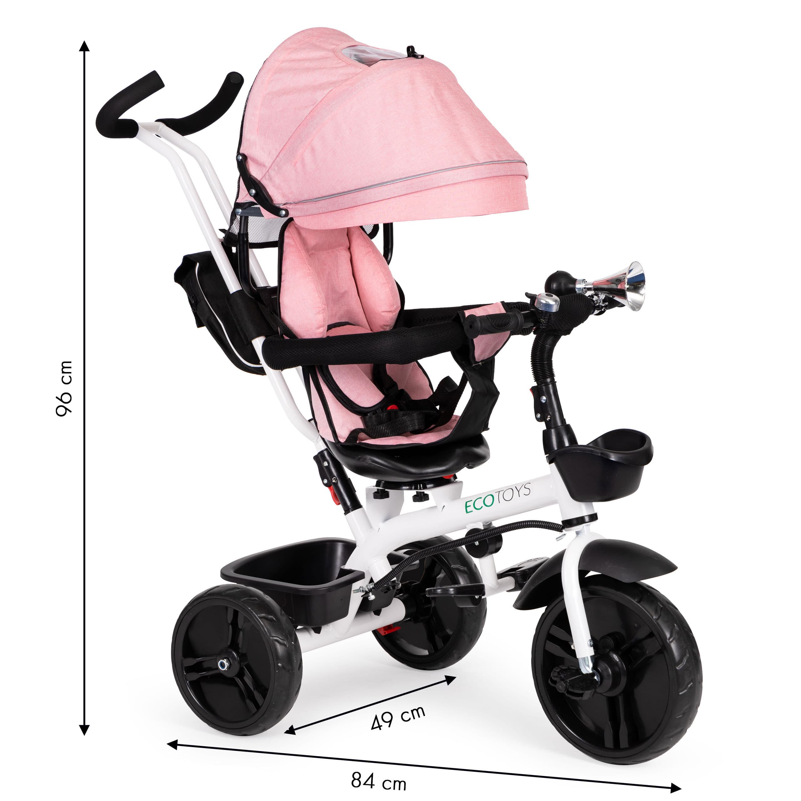 Rowerek trójkołowy spacerówka obracany fotelik 360* Różowy ECOTOYS
