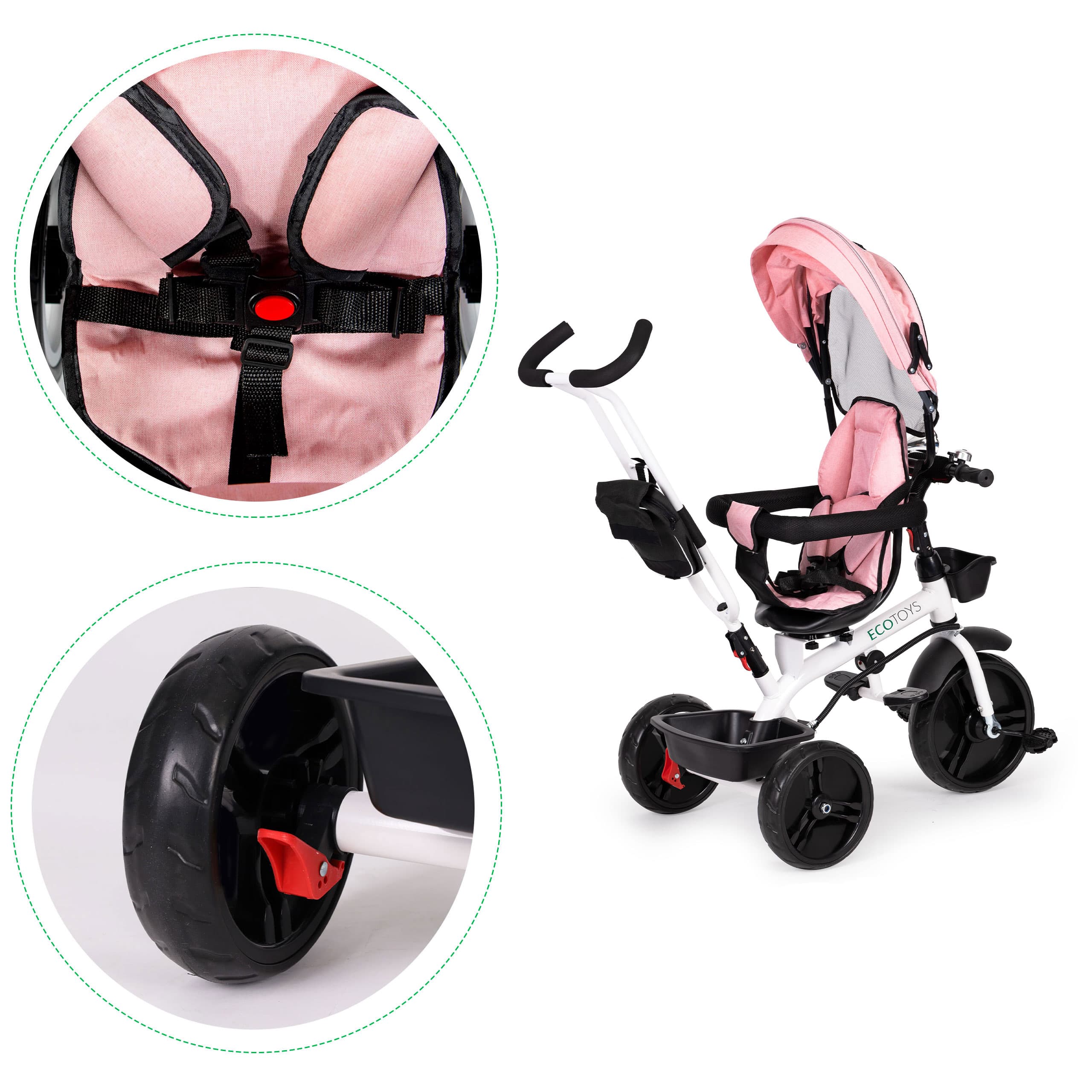 Rowerek trójkołowy spacerówka obracany fotelik 360* Różowy ECOTOYS