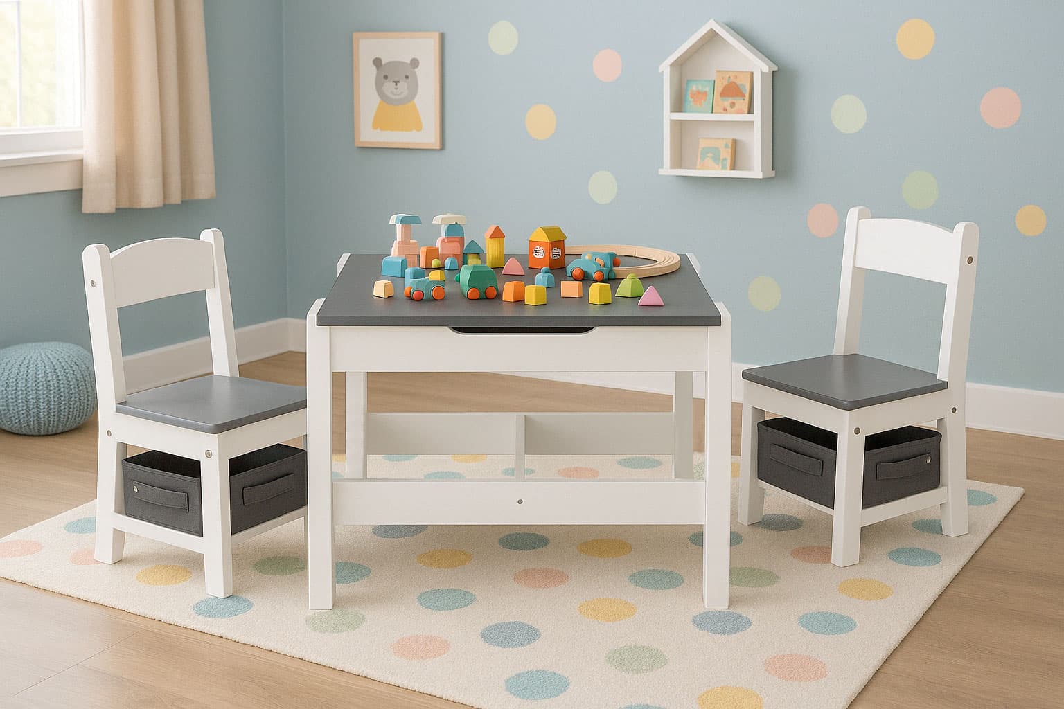 Zestaw mebli dla dzieci stolik + 2 krzesła tablica kredowa ECOTOYS